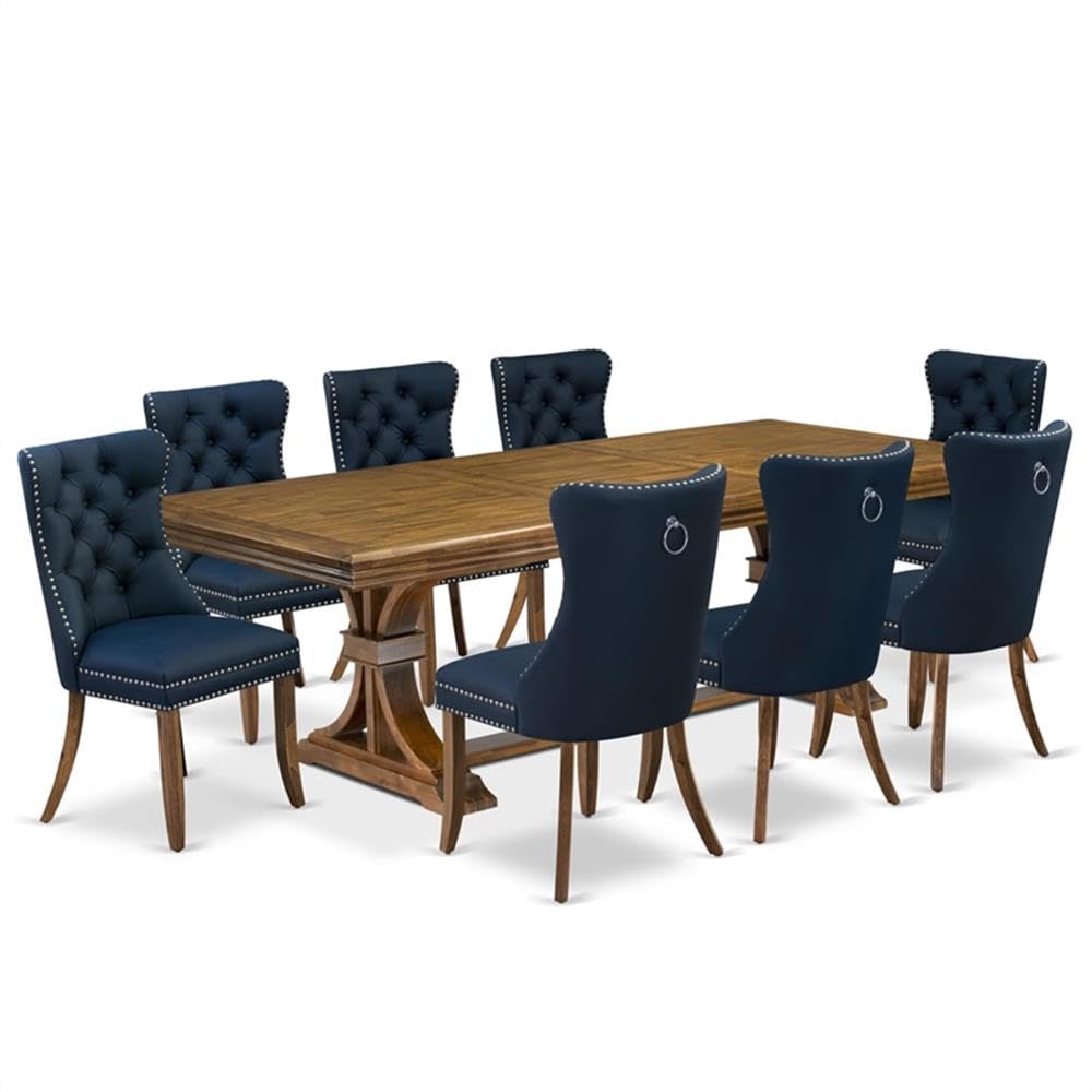 9-Piece Acacia Wood Dining Set with Navy Blue Faux Leather Chairs R738