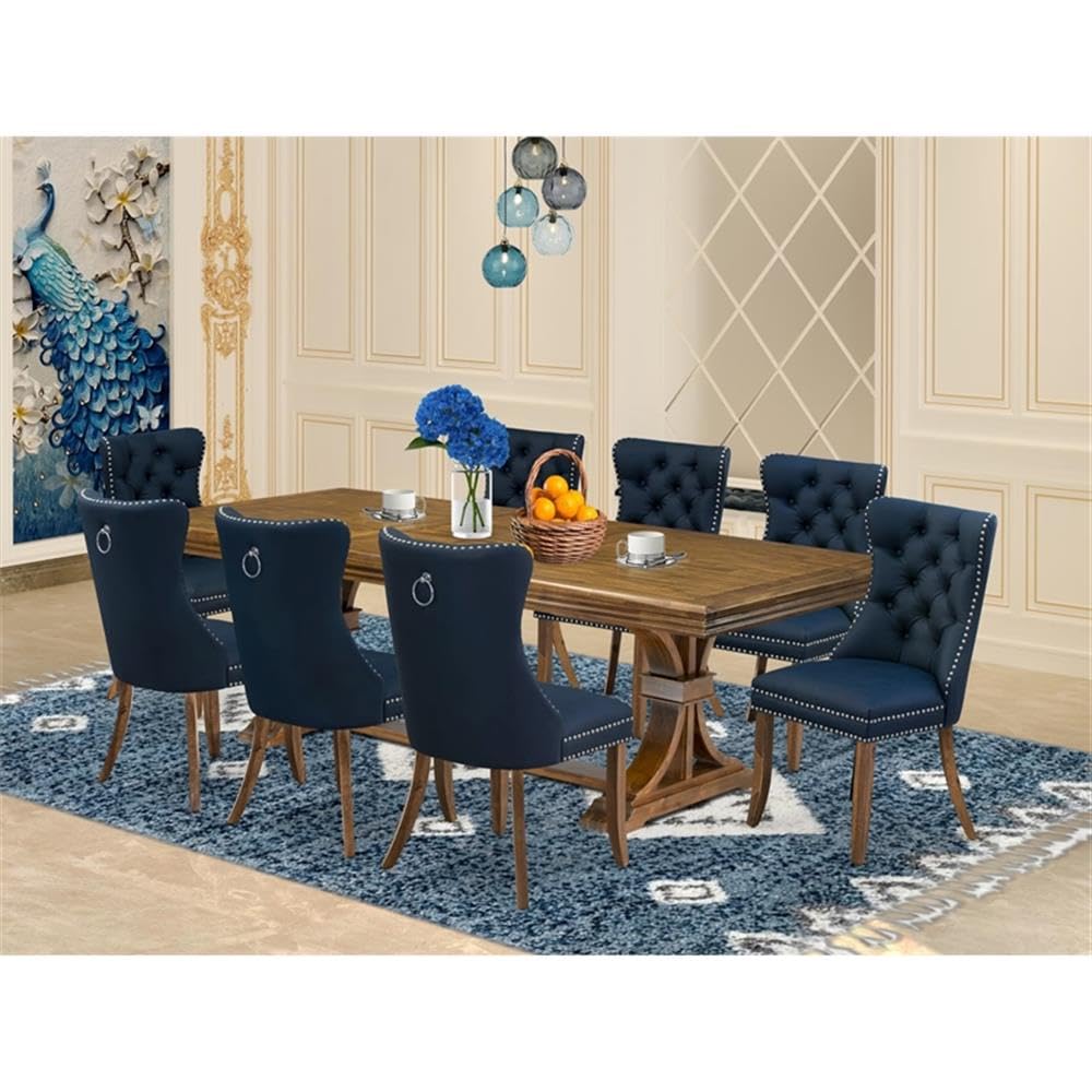 9-Piece Acacia Wood Dining Set with Navy Blue Faux Leather Chairs R738
