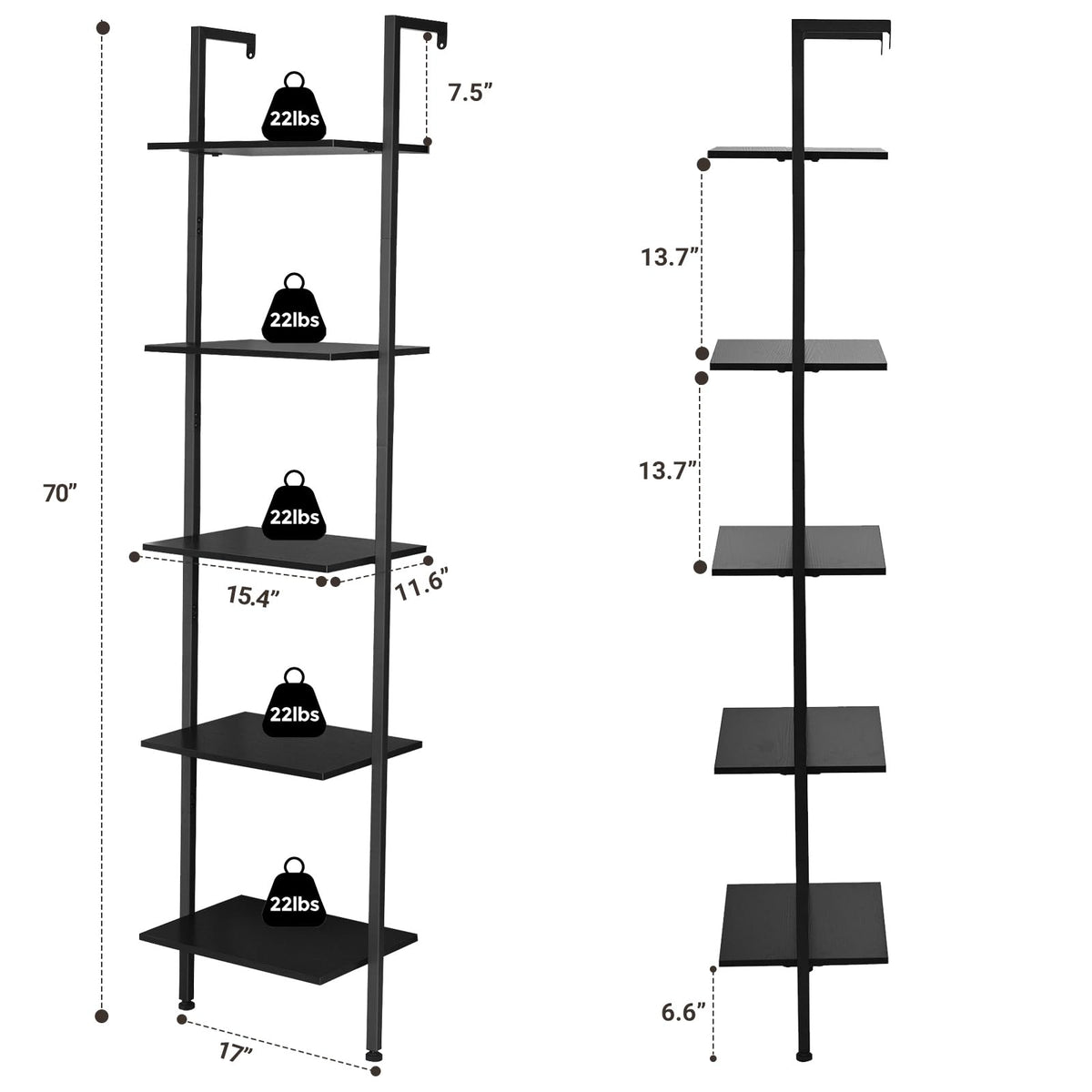 5-Tier Wood Wall Mounted Ladder Bookshelf E33495