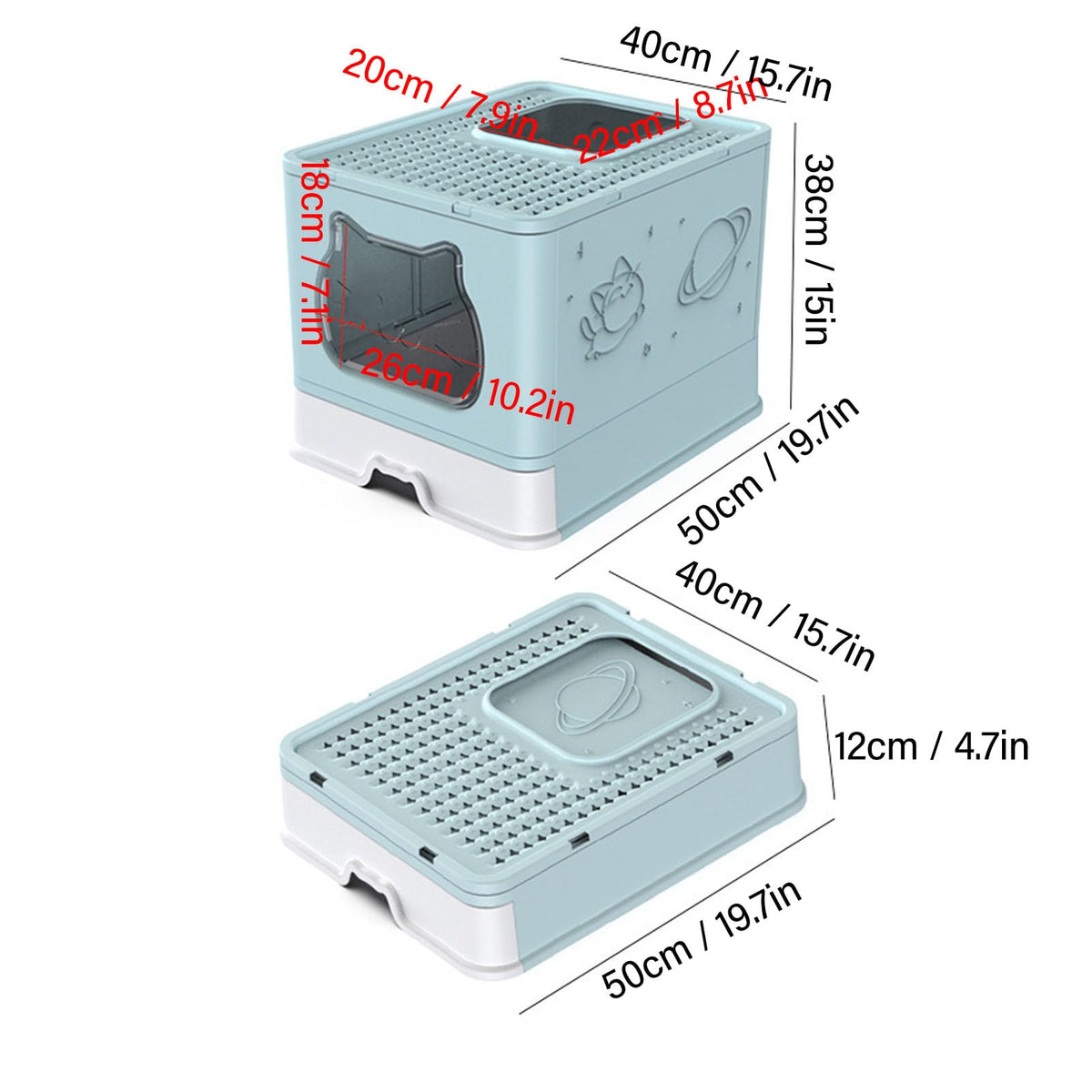 Enclosed Cat Litter Box Top Entry Foldable with Lid Blue W7564