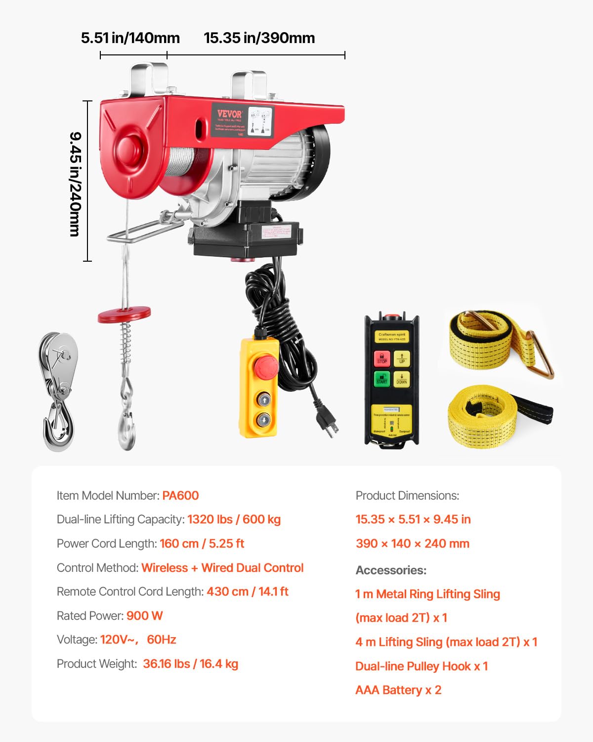 1320 lbs 120V Electric Hoist with Wireless Remote U453211
