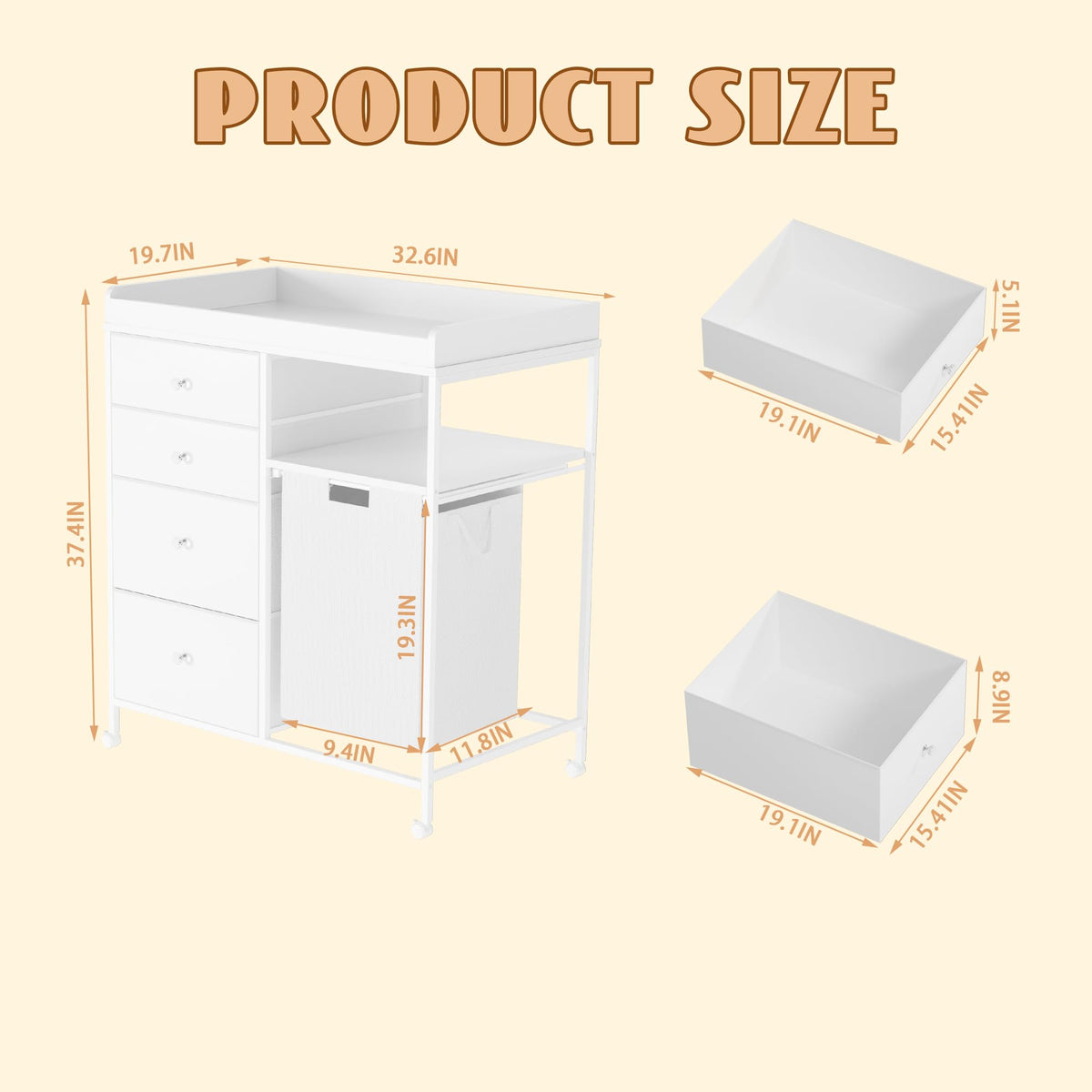 White 4 Drawer Changing Station Dresser with Laundry Hamper S290