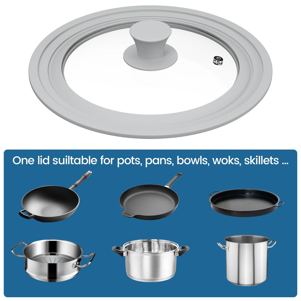 Tempered Glass Universal Lid with Silicone Rim Fits 8" 9" 9.5" Cookware H6411