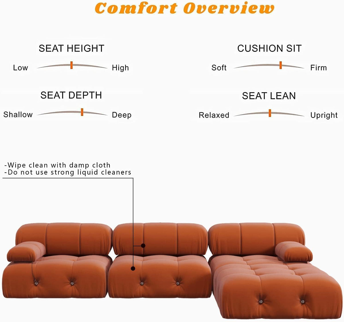 Orange Velvet L Shaped Sectional Sofa with Ottoman O5917