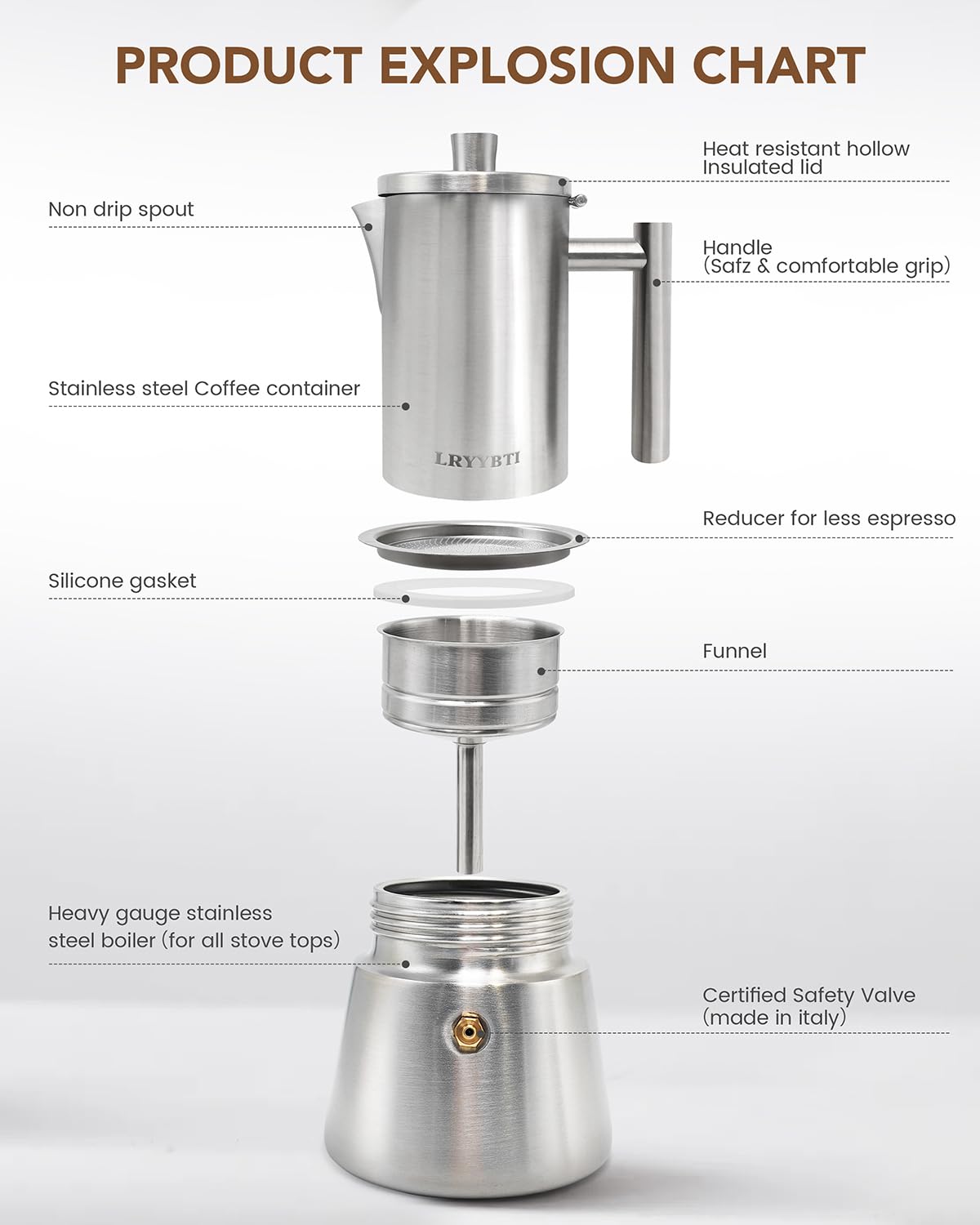 6 Cup Stainless Steel Stovetop Moka Pot V7005