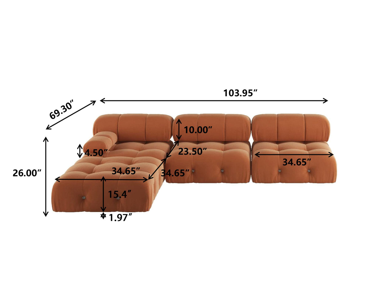 Orange Velvet L Shaped Sectional Sofa with Ottoman O5917