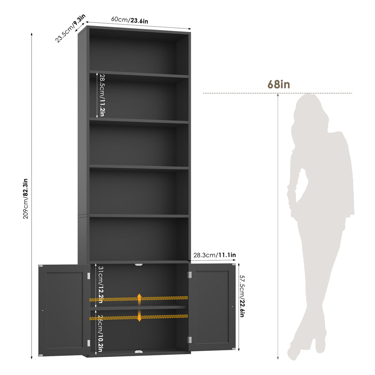 82" Tall Black Bookcase with Doors U78642