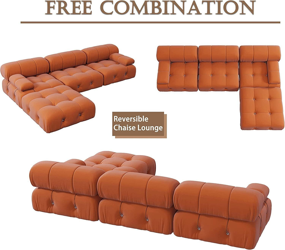 Orange Velvet L Shaped Sectional Sofa with Ottoman O5917