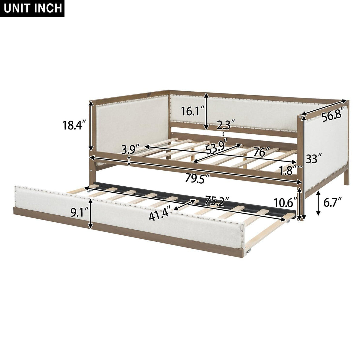 Full Size Upholstered Daybed with Trundle Linen Fabric Y438