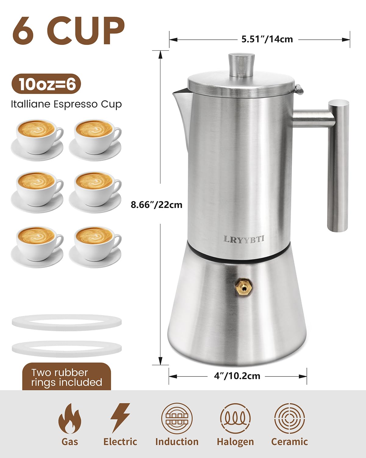 6 Cup Stainless Steel Stovetop Moka Pot V7005