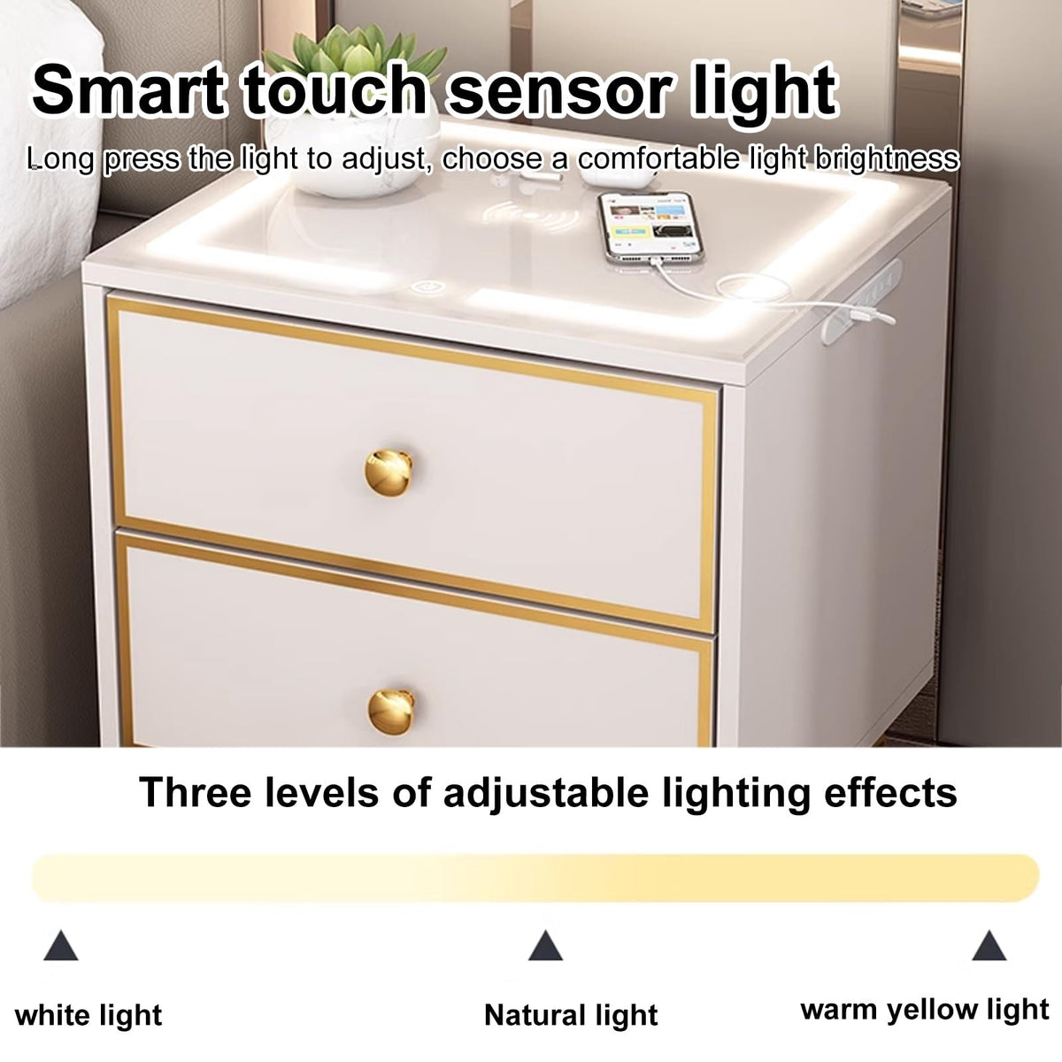 Smart Nightstand with Wireless Charging Station and 3 Colors Led Lights B659