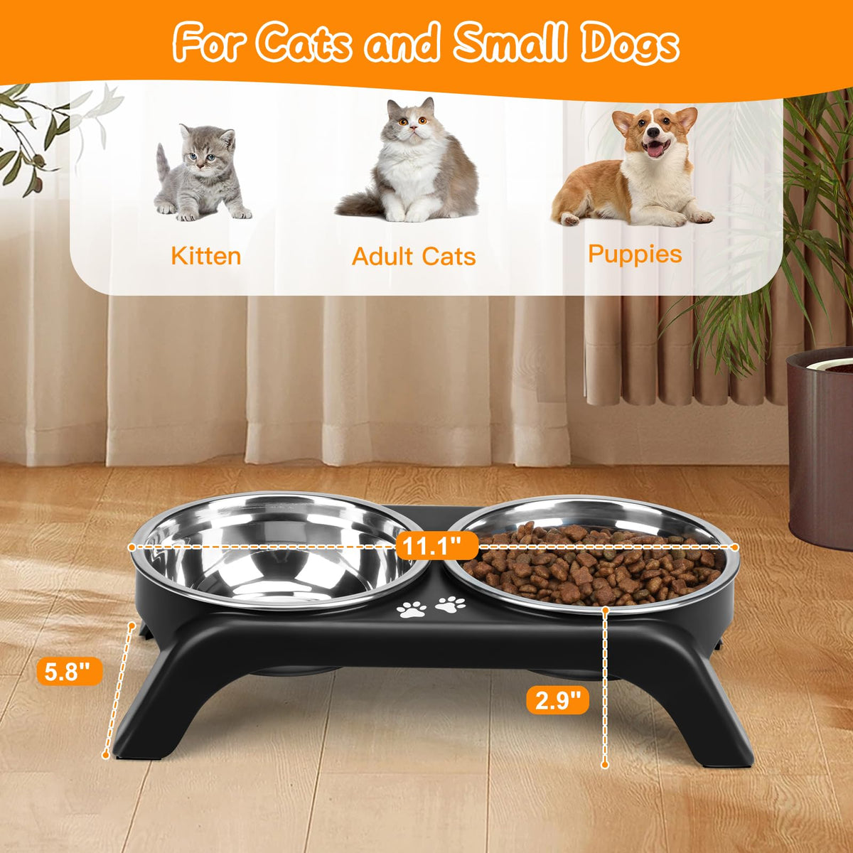 Elevated Dog Bowls with 5” Stainless Steel Bowls Black O33148