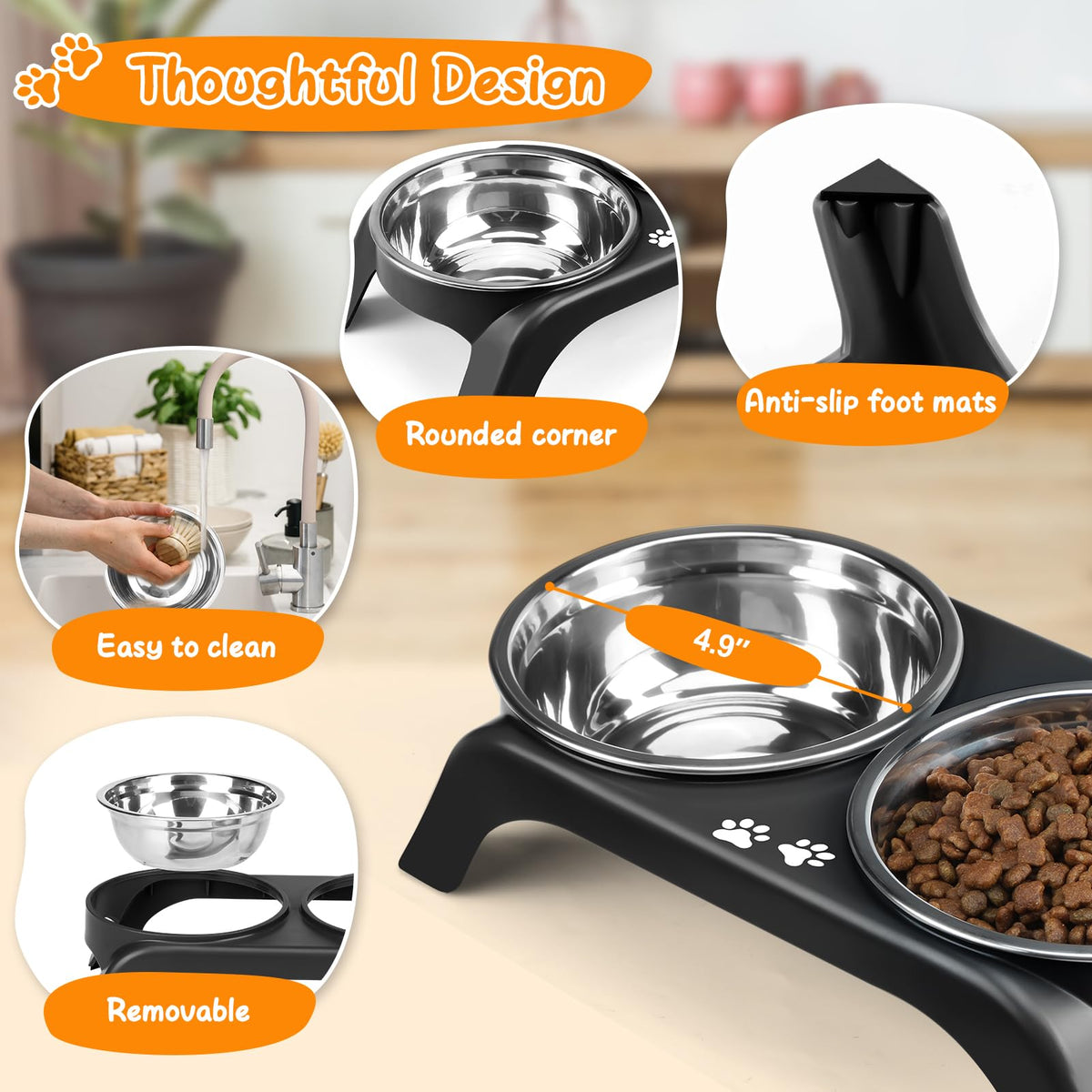 Elevated Dog Bowls with 5” Stainless Steel Bowls Black O33148