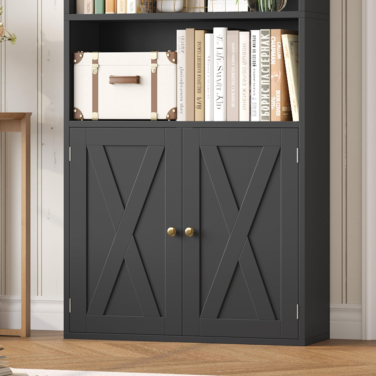 82" Tall Black Bookcase with Doors U78642