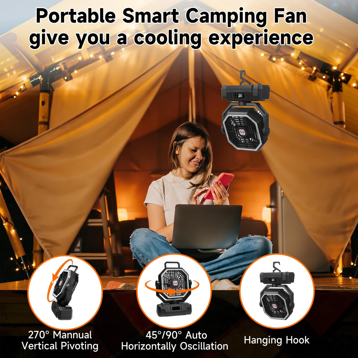Black 10-Inch 40000mAh Portable Camping Fan J64396