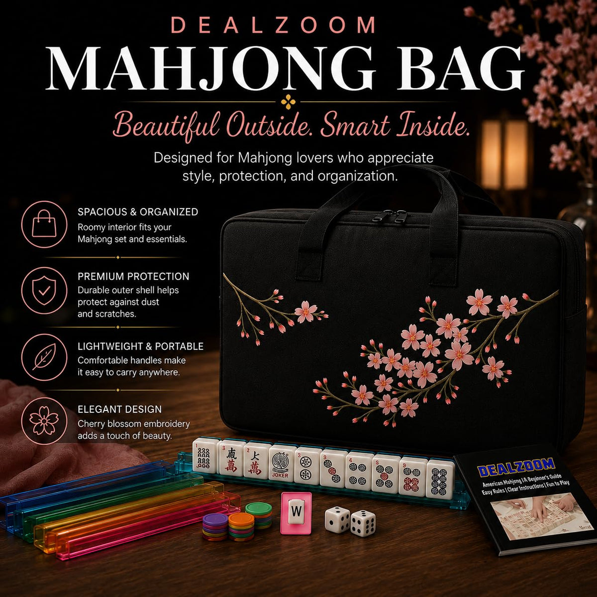 Complete American Mahjong Set with 166 Tiles, Racks, Pushers, Dice, Chips, Instructions & Bag E984464