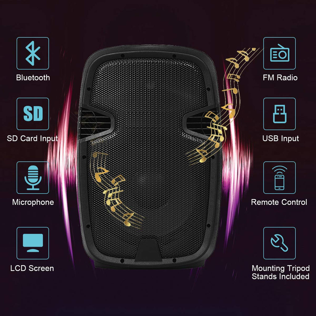 2000W 12" Portable Dual Powered Speakers PA System with Tripod Stands U266376