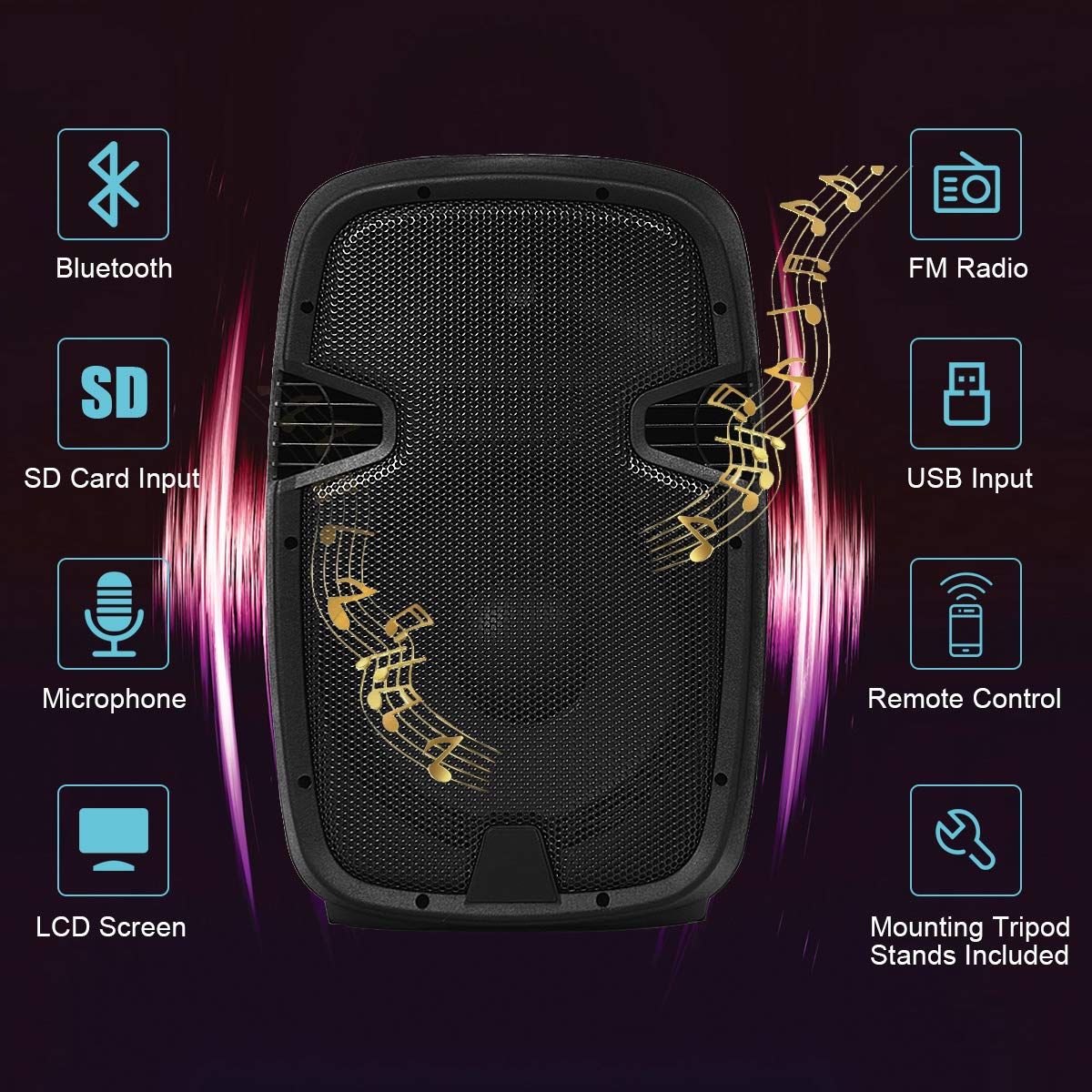2000W 12" Portable Dual Powered Speakers PA System with Tripod Stands U266376