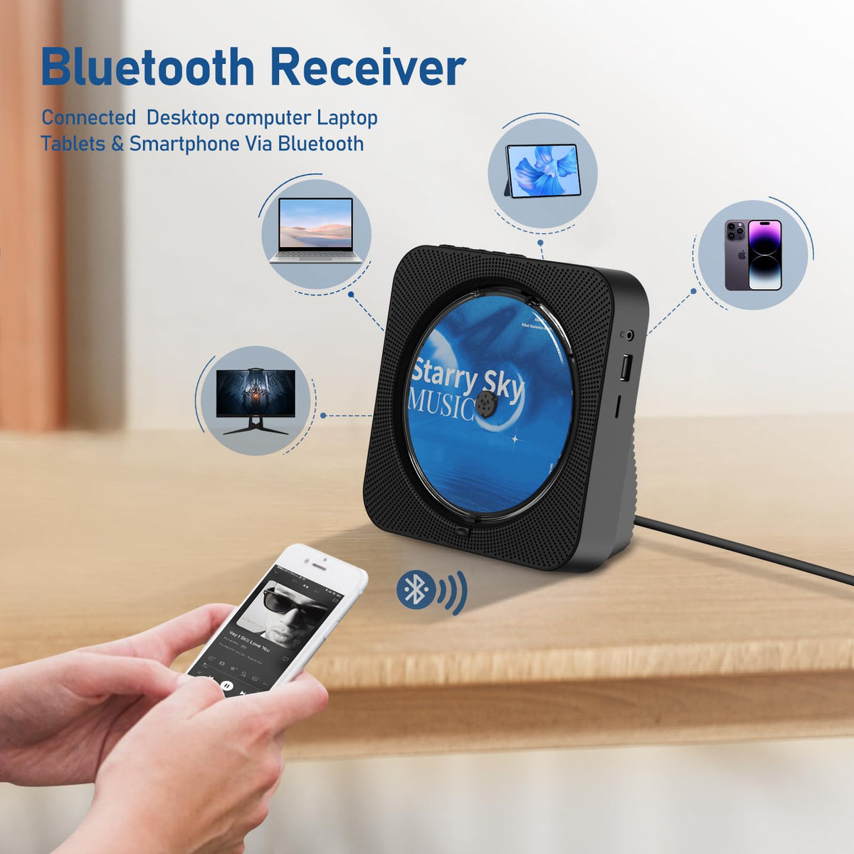 Portable Bluetooth CD Player with Speakers, Remote Control, LED Display, FM Radio, USB/AUX (Black) U555646