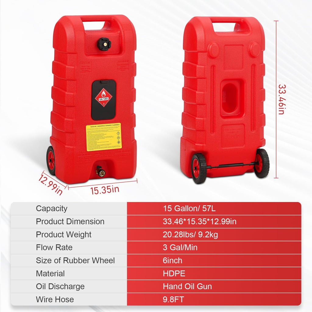 15 Gallon Wheeled Fuel Caddy with Manual Siphon Pump & 10FT Hose T757