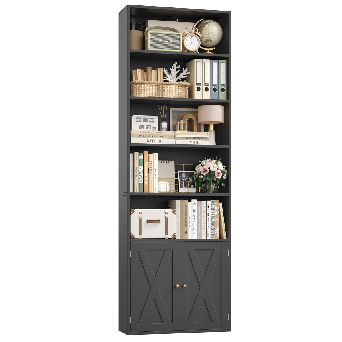 82" Tall Black Bookcase with Doors U78642