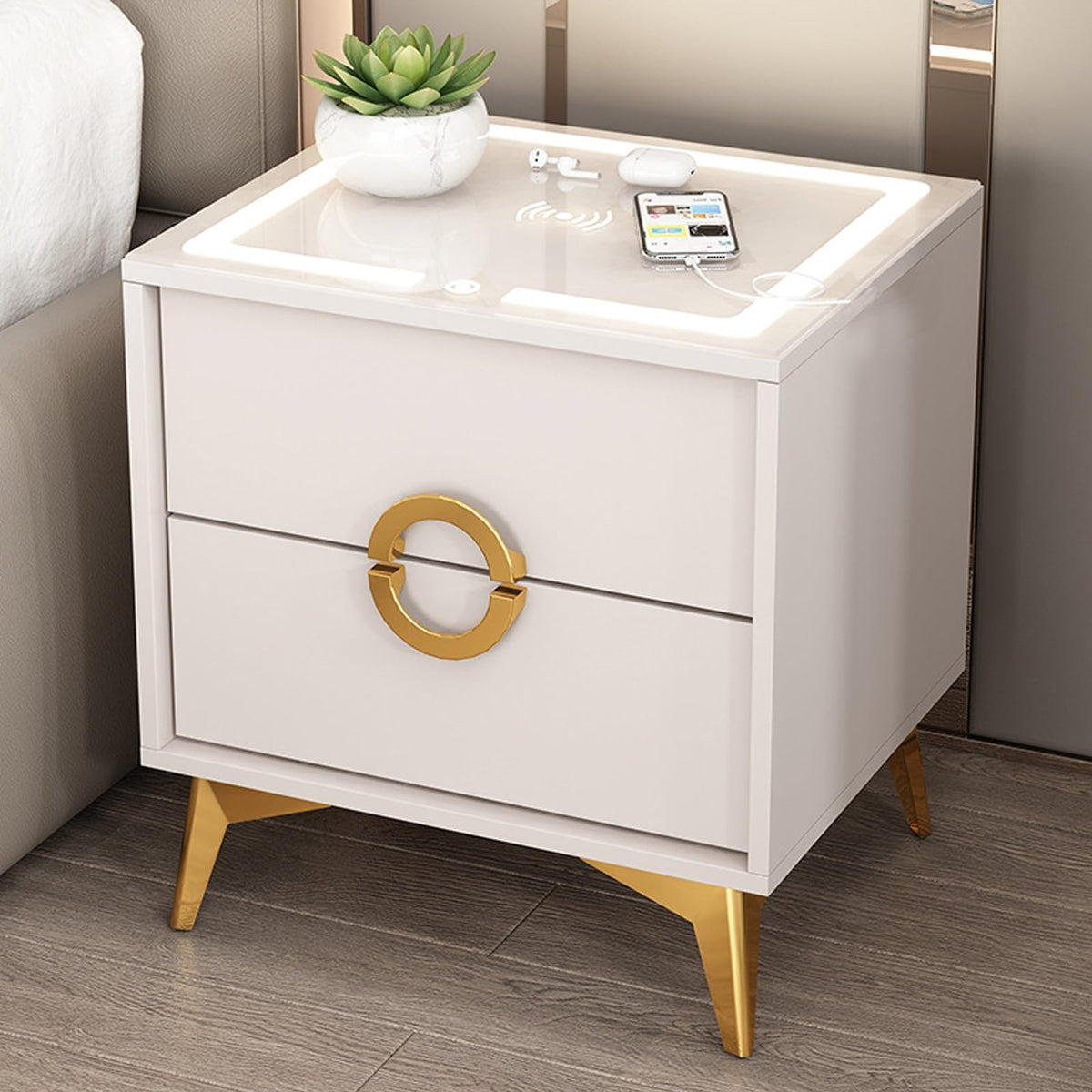 Smart Nightstand with Wireless Charging Station and 3 Colors Led Lights B659