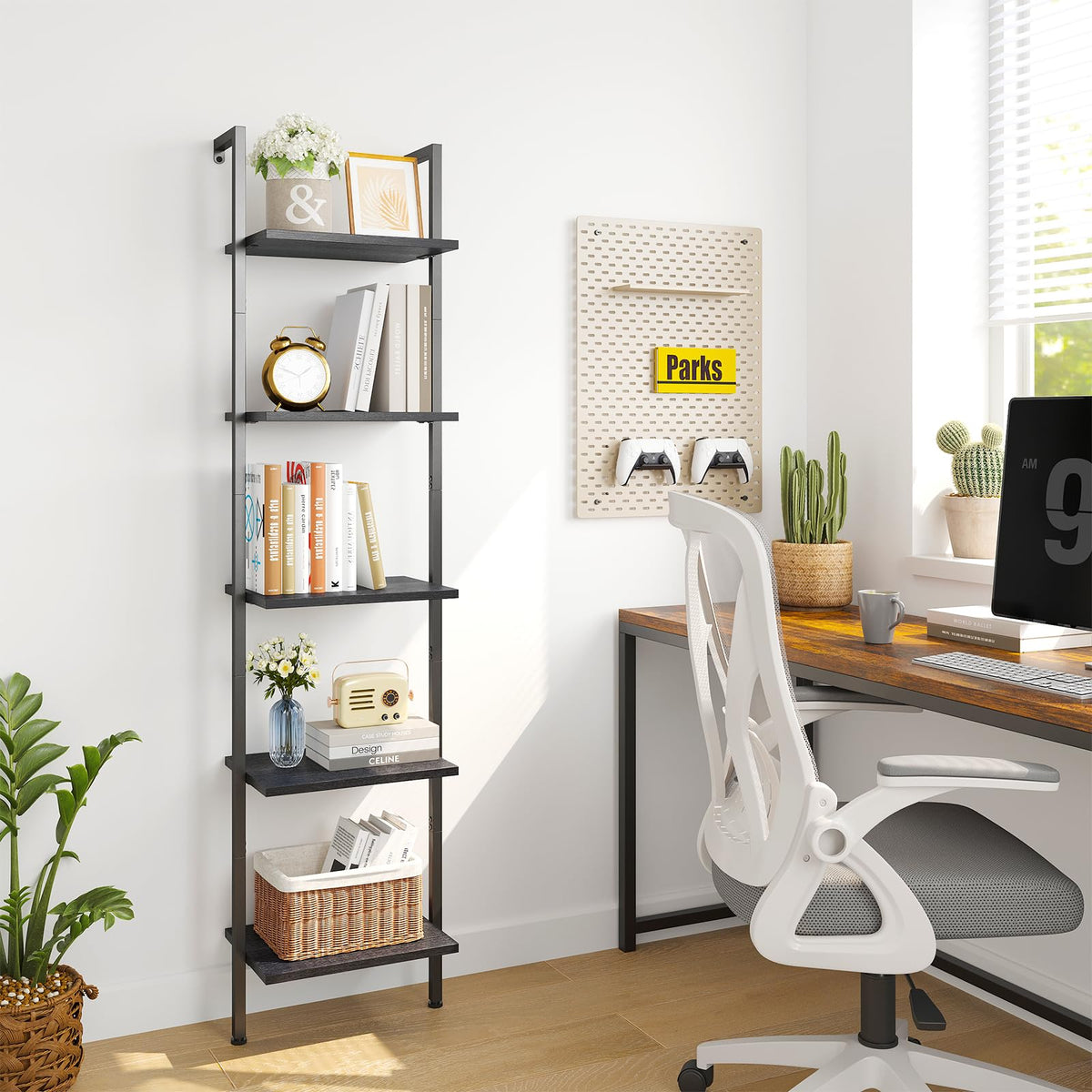 5-Tier Wood Wall Mounted Ladder Bookshelf E33495