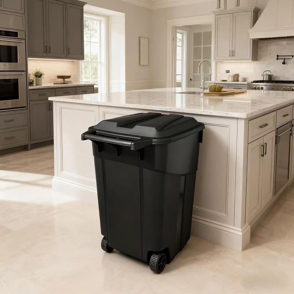 Black 45 Gallon Wheeled Heavy Duty Plastic Trash Can with Lid V9993