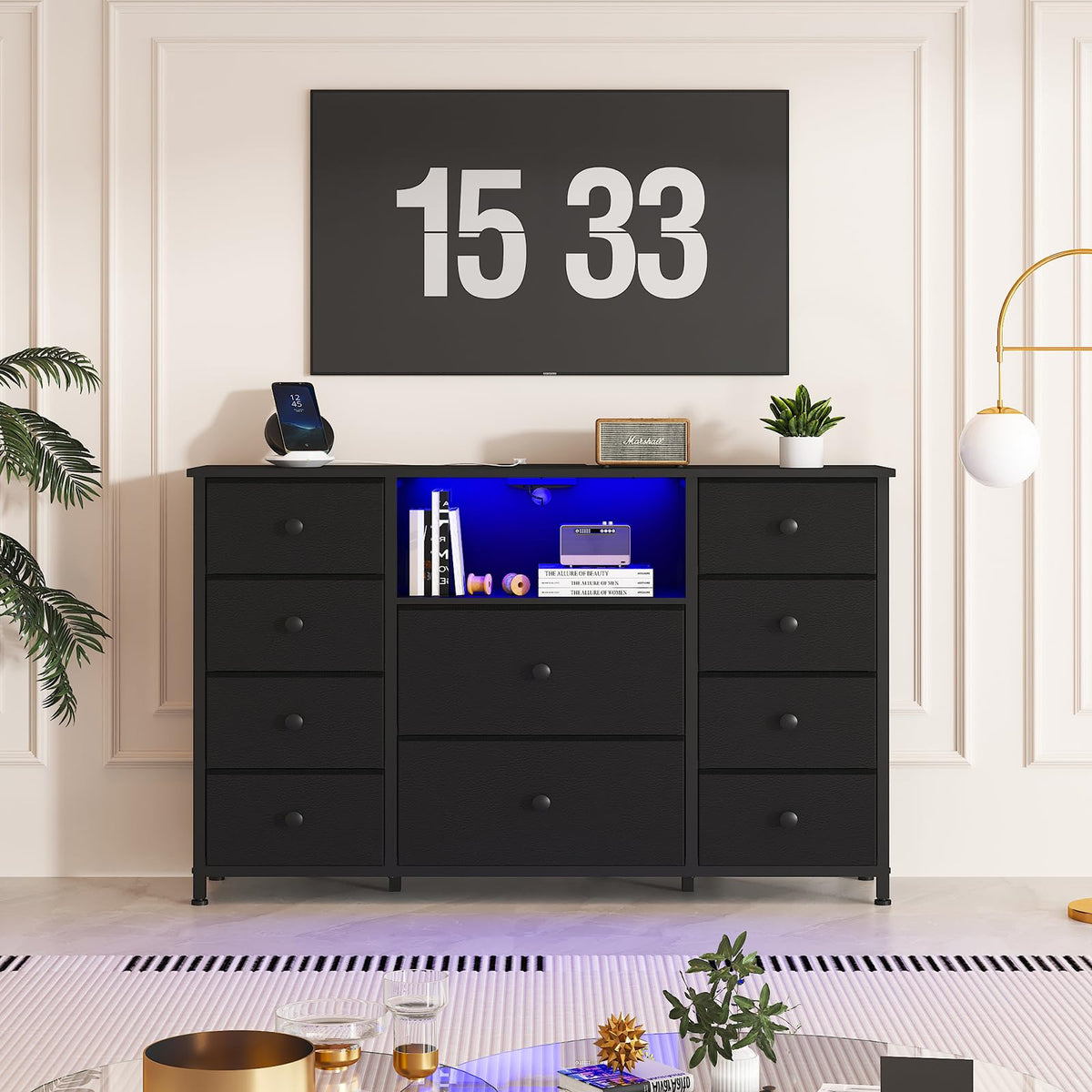 Black Dresser with Charging Station and LED Lights C8351