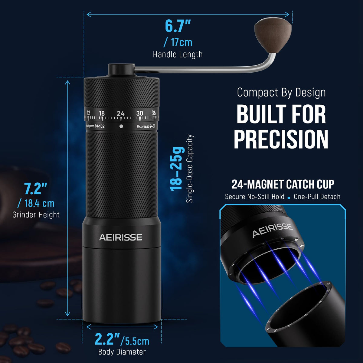 Manual 72-Click Conical Burr Stainless Steel Coffee Grinder H368395