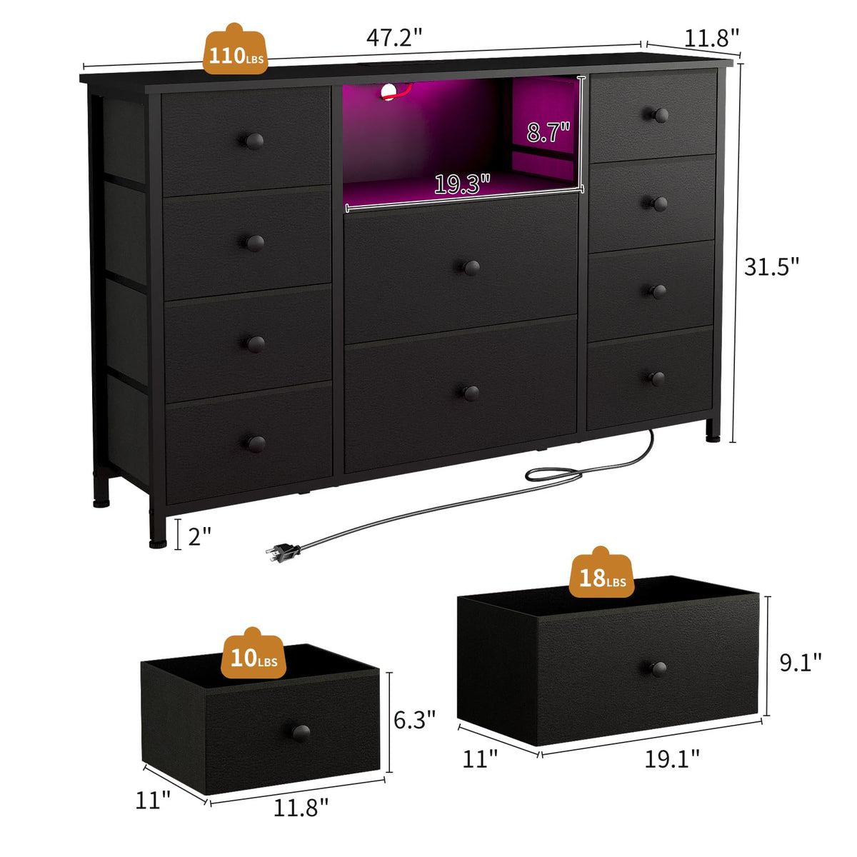 Black Dresser with Charging Station and LED Lights C8351