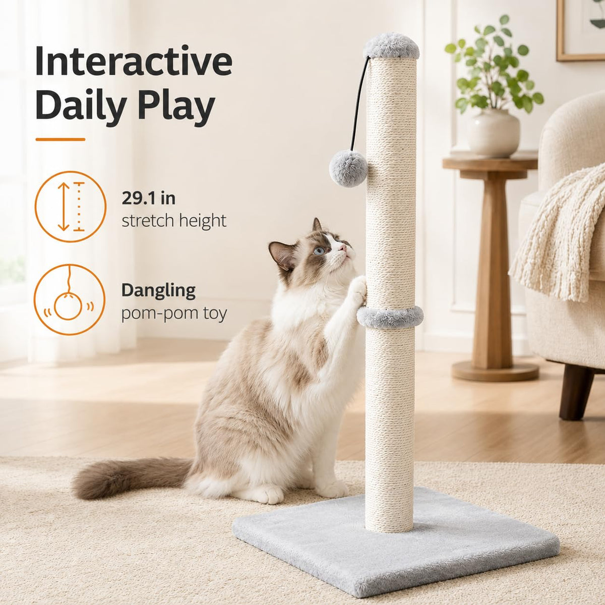 Tall Cat Scratching Post with Sisal Rope, Grey I779
