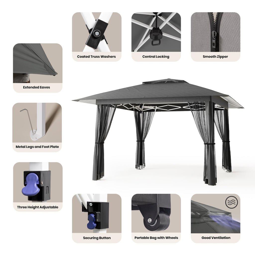 13x13 Pop Up Gazebo Tent with Mosquito Netting Grey E90098