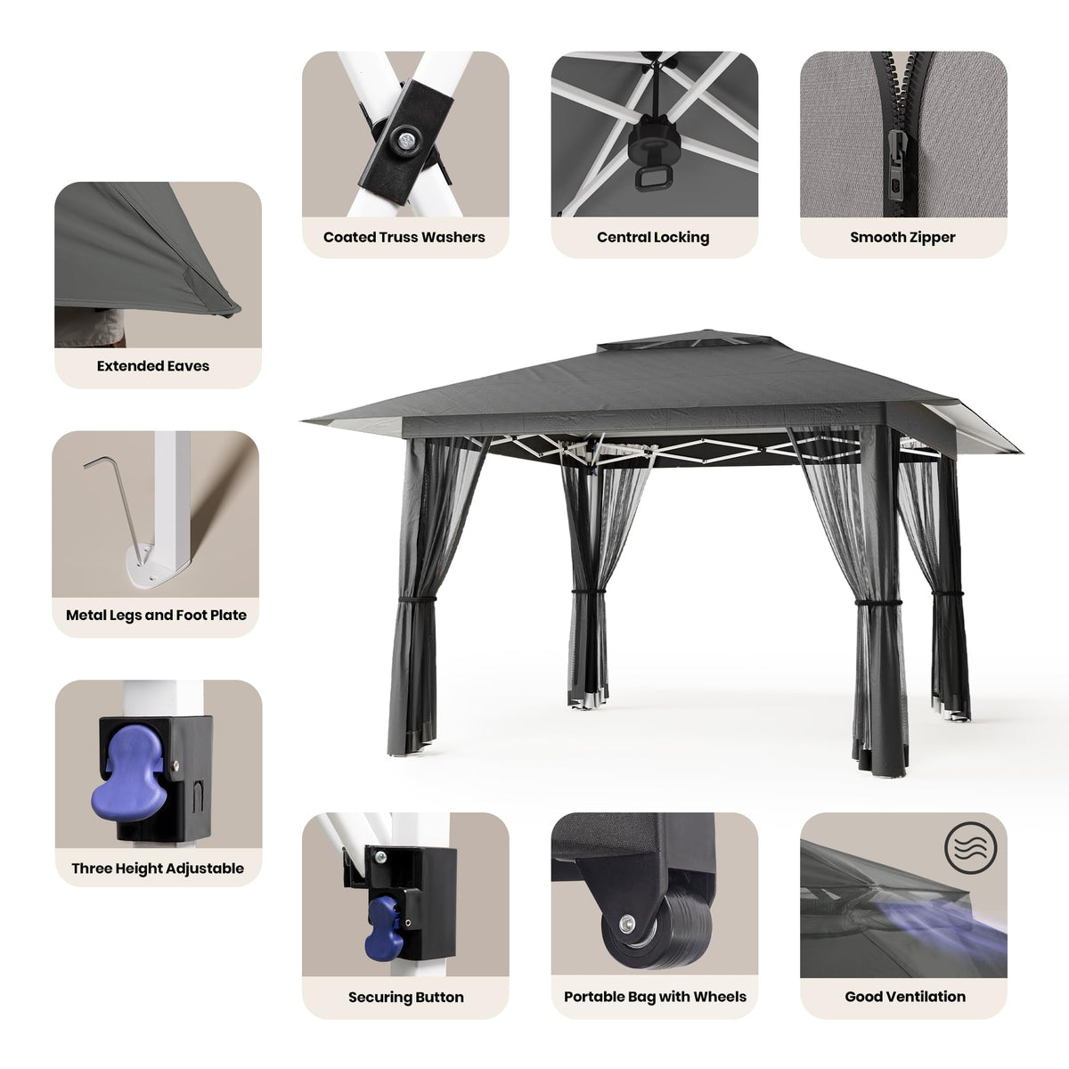 13x13 Pop Up Gazebo Tent with Mosquito Netting Grey E90098