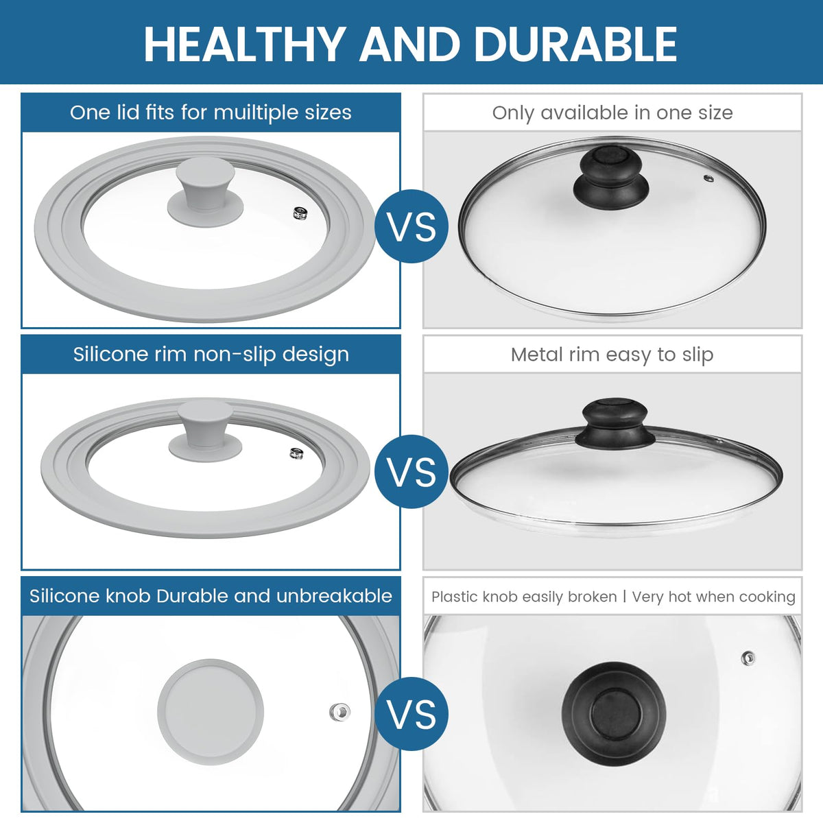 Tempered Glass Universal Lid with Silicone Rim Fits 8" 9" 9.5" Cookware H6411