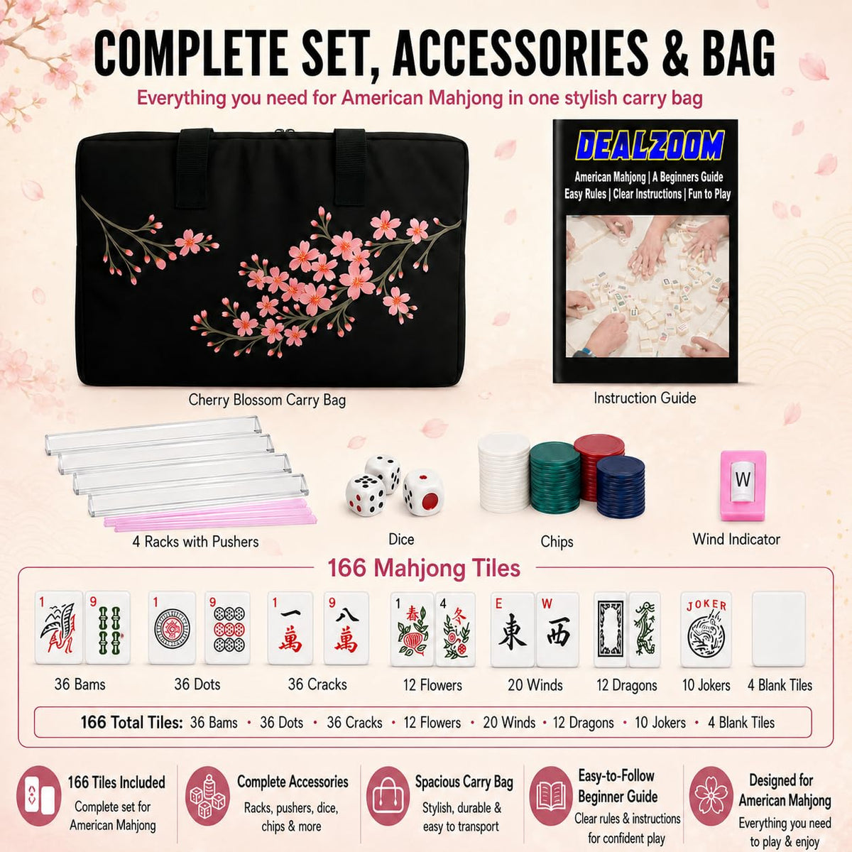 Complete American Mahjong Set with 166 Tiles, Racks, Pushers, Dice, Chips, Instructions & Bag E984464