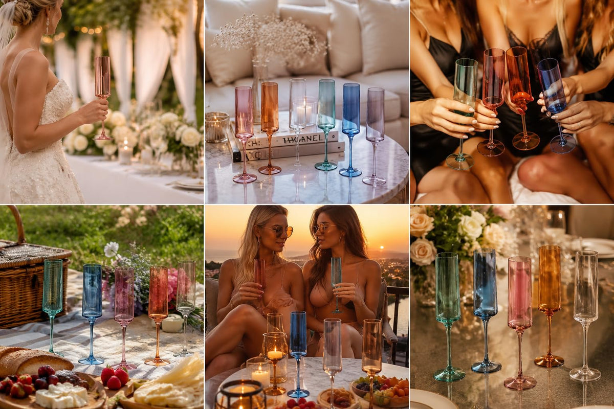 Colored Champagne Flute Stemmed Glasses Set of 6 6oz Y42804