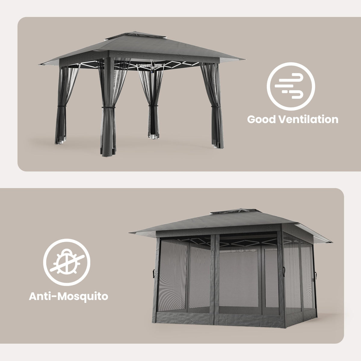 13x13 Pop Up Gazebo Tent with Mosquito Netting Grey E90098