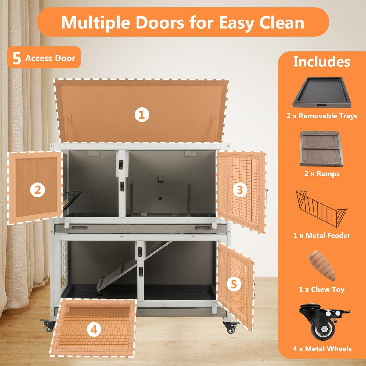 2-Story Wooden Rabbit Hutch with 4 Lockable Wheels X9008