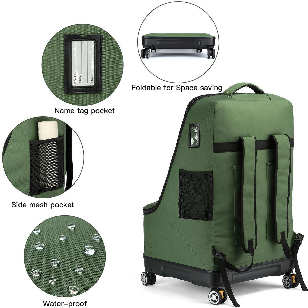Green Car Seat Travel Bag with Spinner Wheels C9101