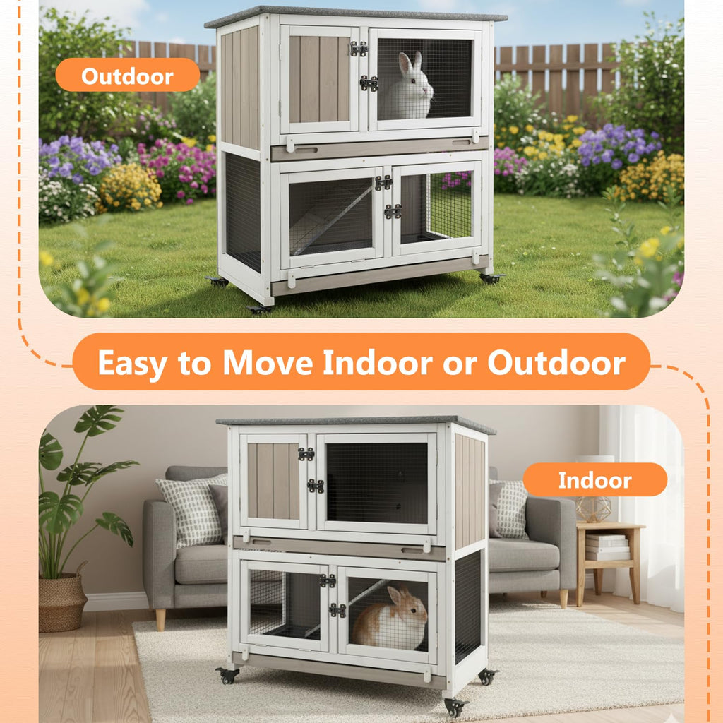 2-Story Wooden Rabbit Hutch with 4 Lockable Wheels X9008
