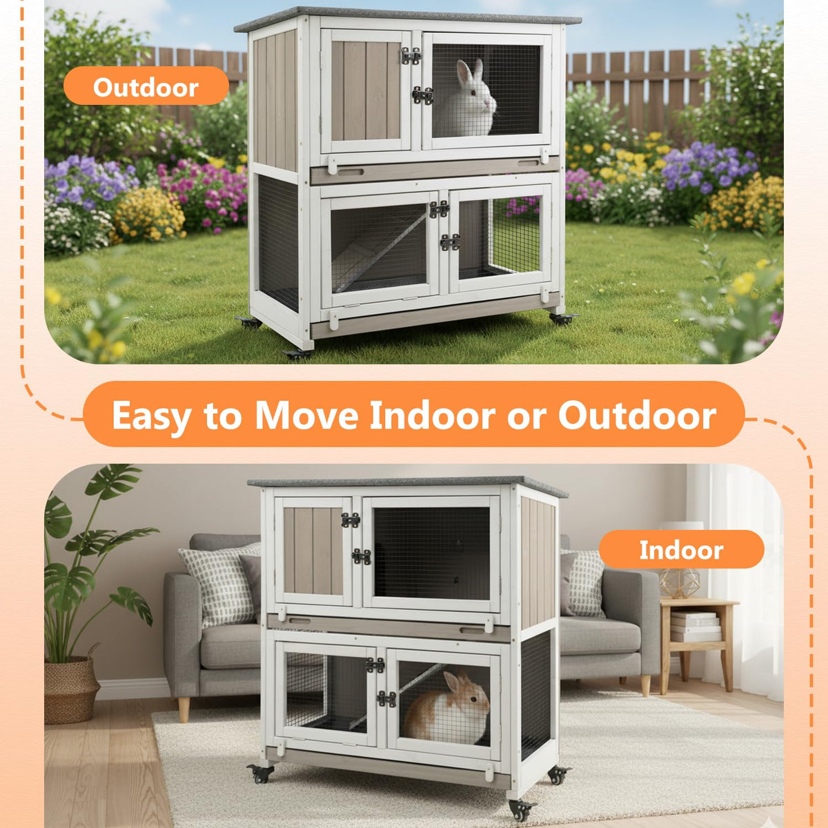 2-Story Wooden Rabbit Hutch with 4 Lockable Wheels X9008