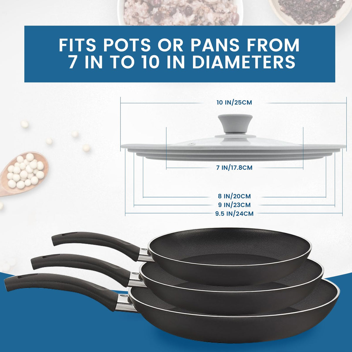 Tempered Glass Universal Lid with Silicone Rim Fits 8" 9" 9.5" Cookware H6411