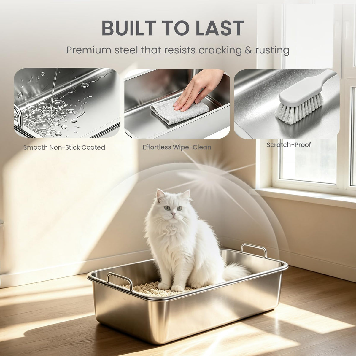 Extra Large Stainless Steel Sifting Cat Litter Box with Dual Handles F96560