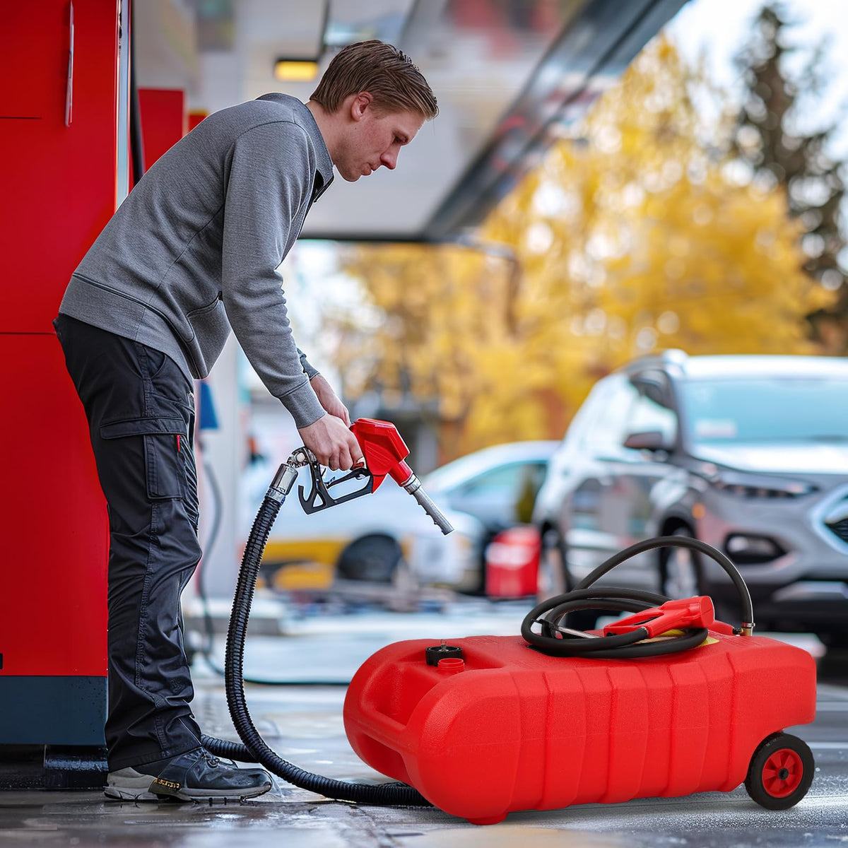 15 Gallon Wheeled Fuel Caddy with Manual Siphon Pump & 10FT Hose T757