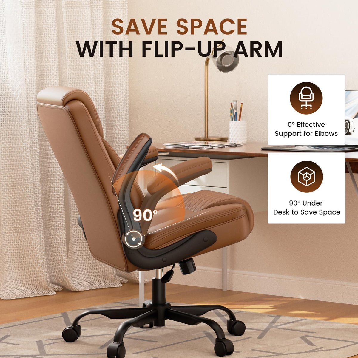 Brown PU Leather Office Chair with Flip-up Arms D327093