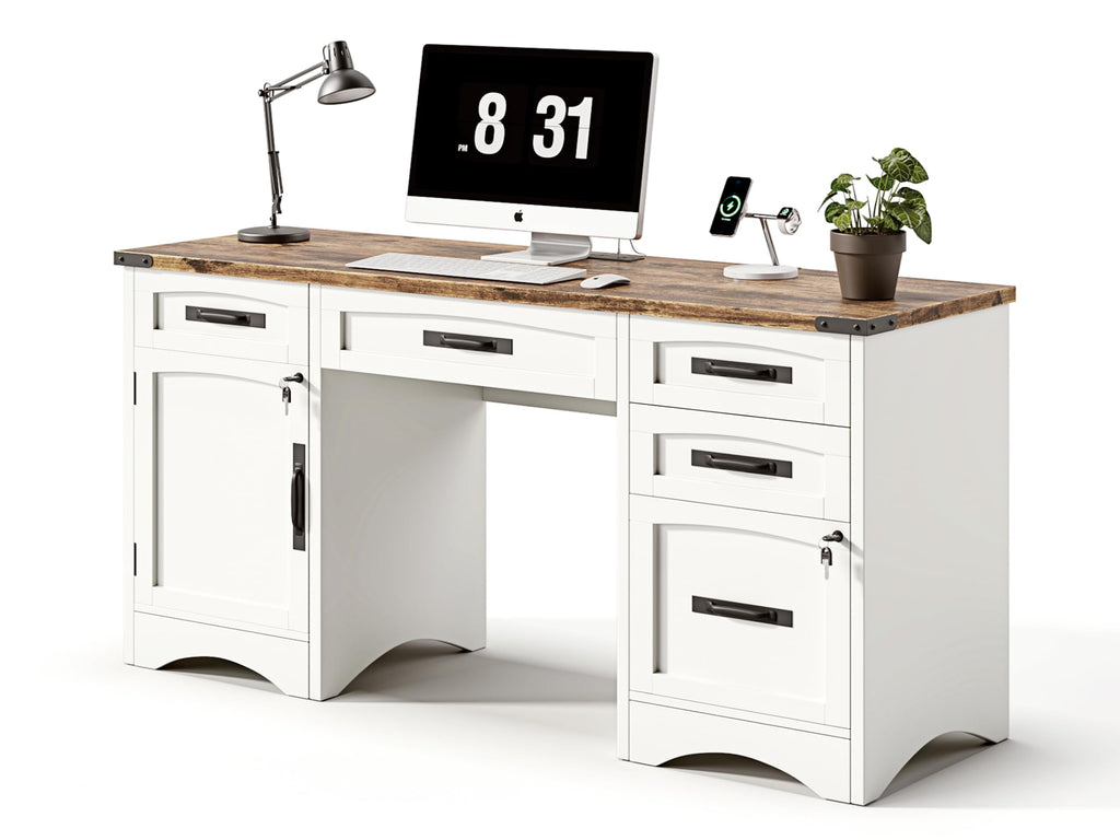 White Wood Executive Desk with Drawers and File Cabinet E160