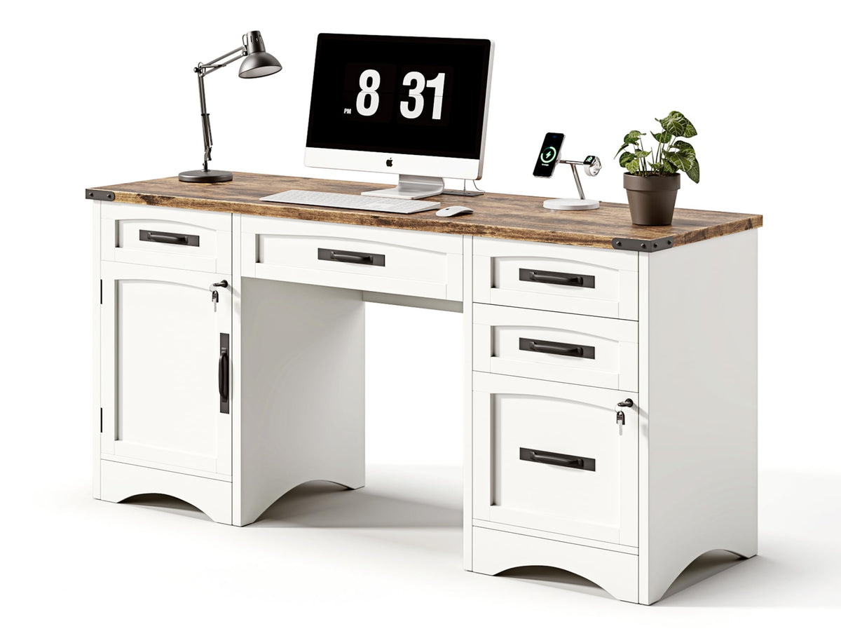 White Wood Executive Desk with Drawers and File Cabinet E160