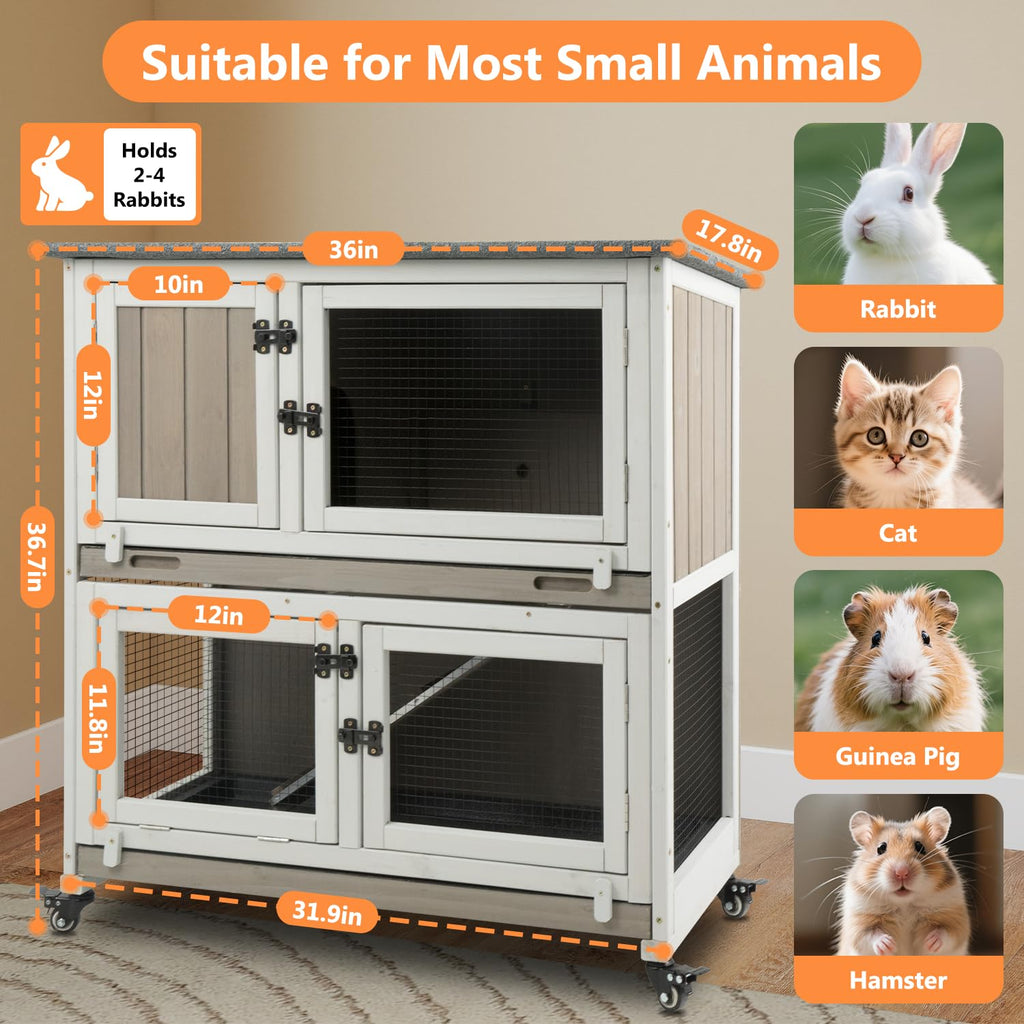 2-Story Wooden Rabbit Hutch with 4 Lockable Wheels X9008