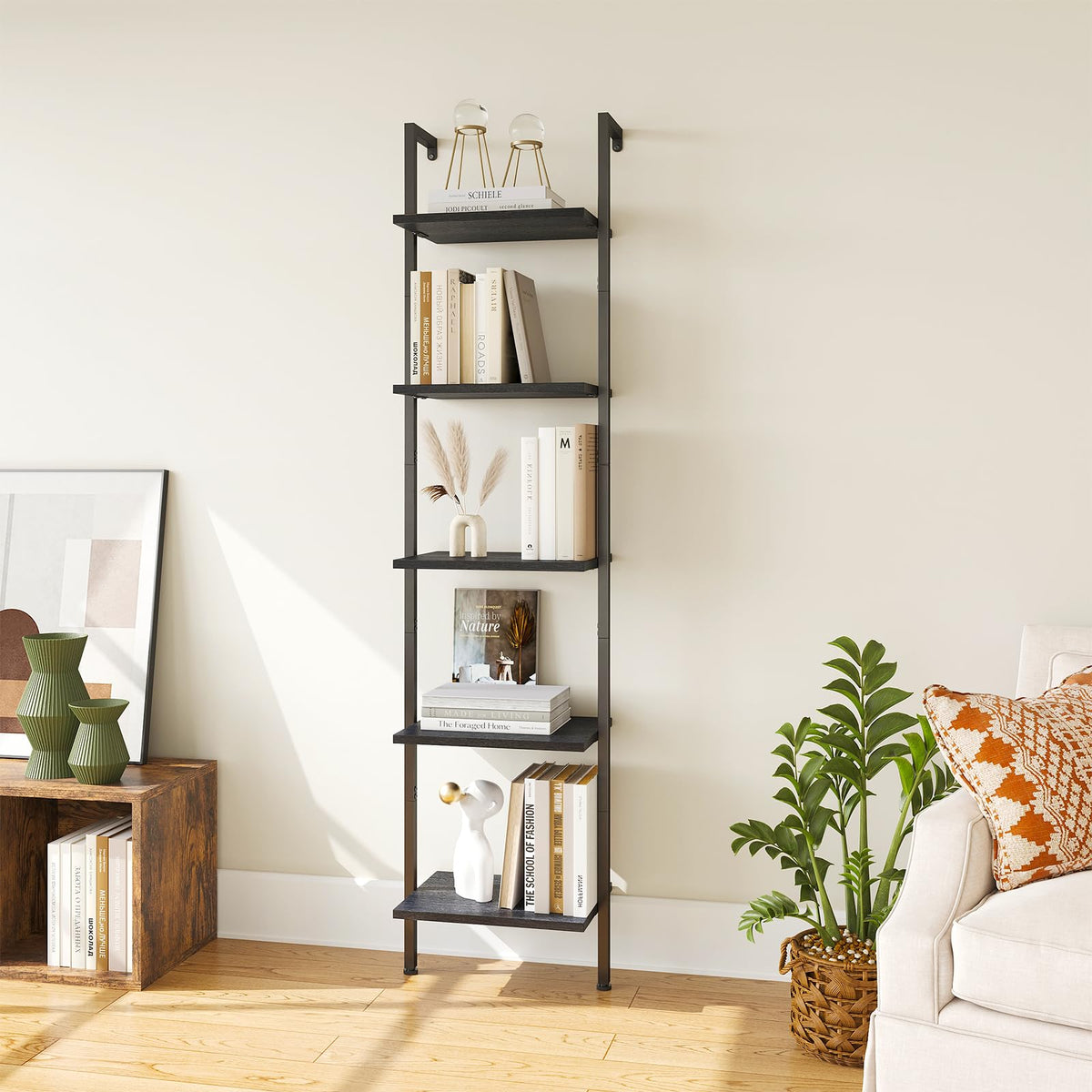 5-Tier Wood Wall Mounted Ladder Bookshelf E33495